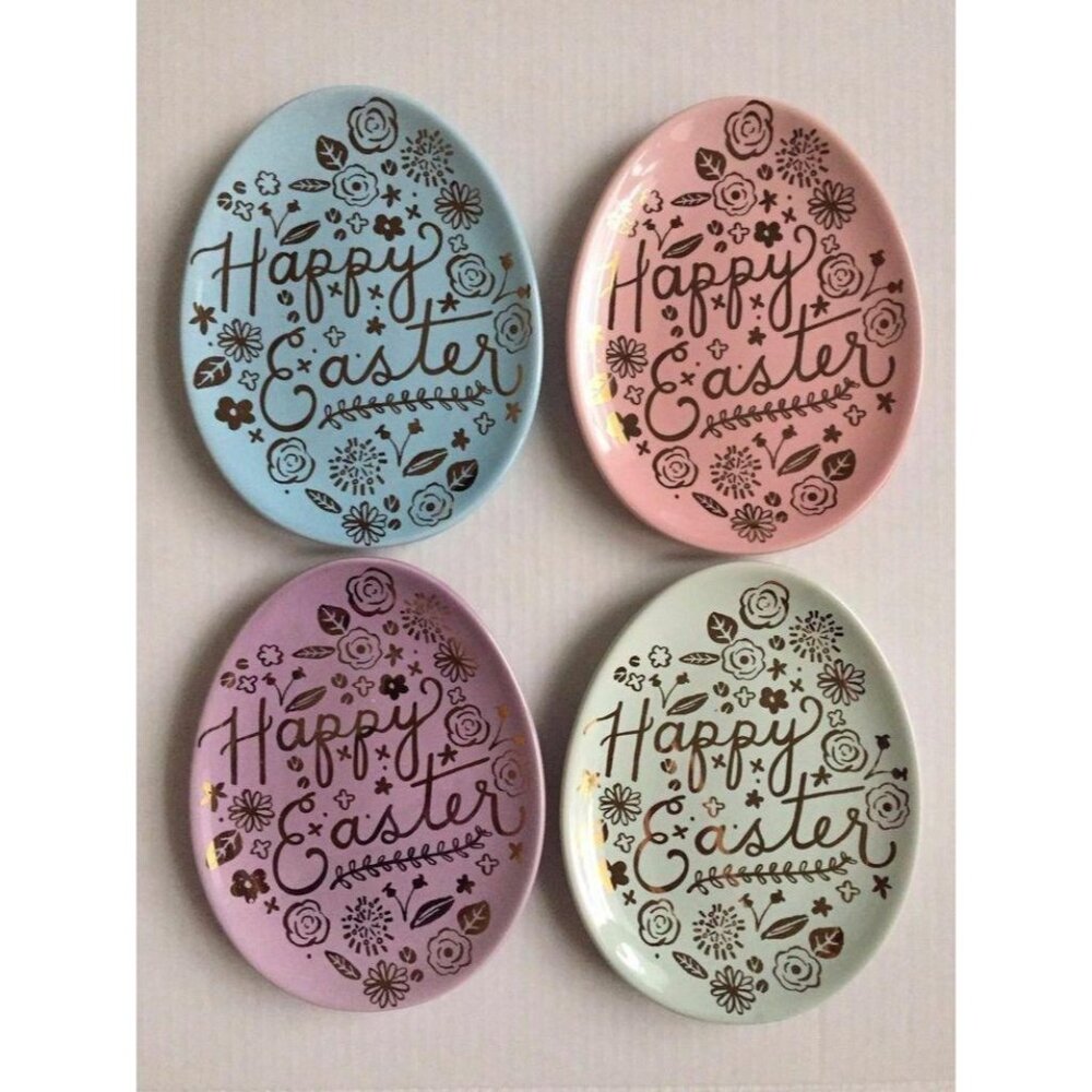 222 Fifth Happy Easter Floral Pattern Oval Plates Set Of 4 Egg Multicolor